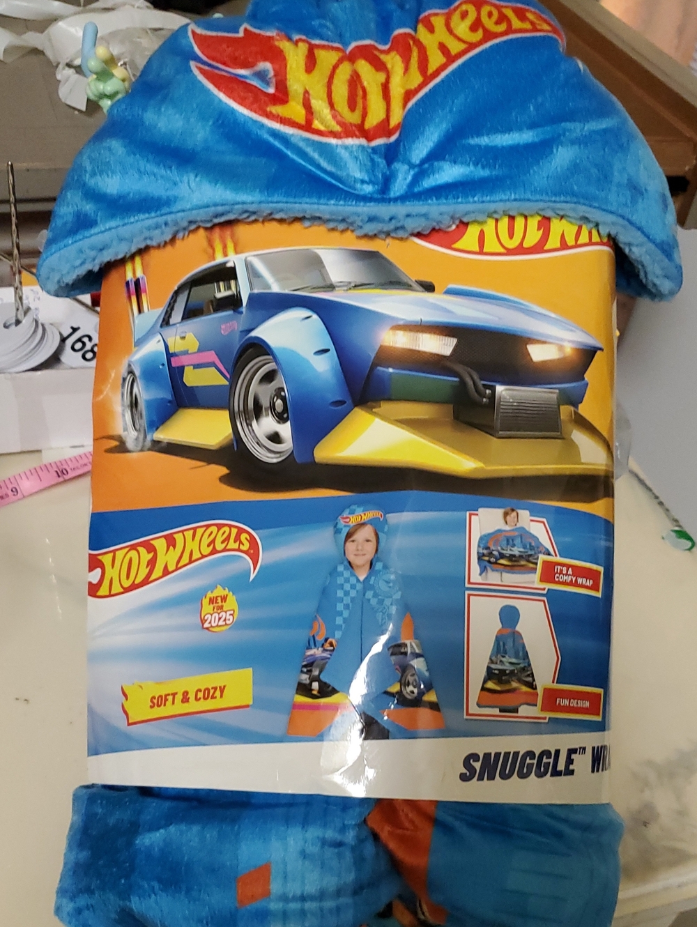 Hot Wheels Kids Snuggle Wrap - Blue with Yellow & Orange Car Design